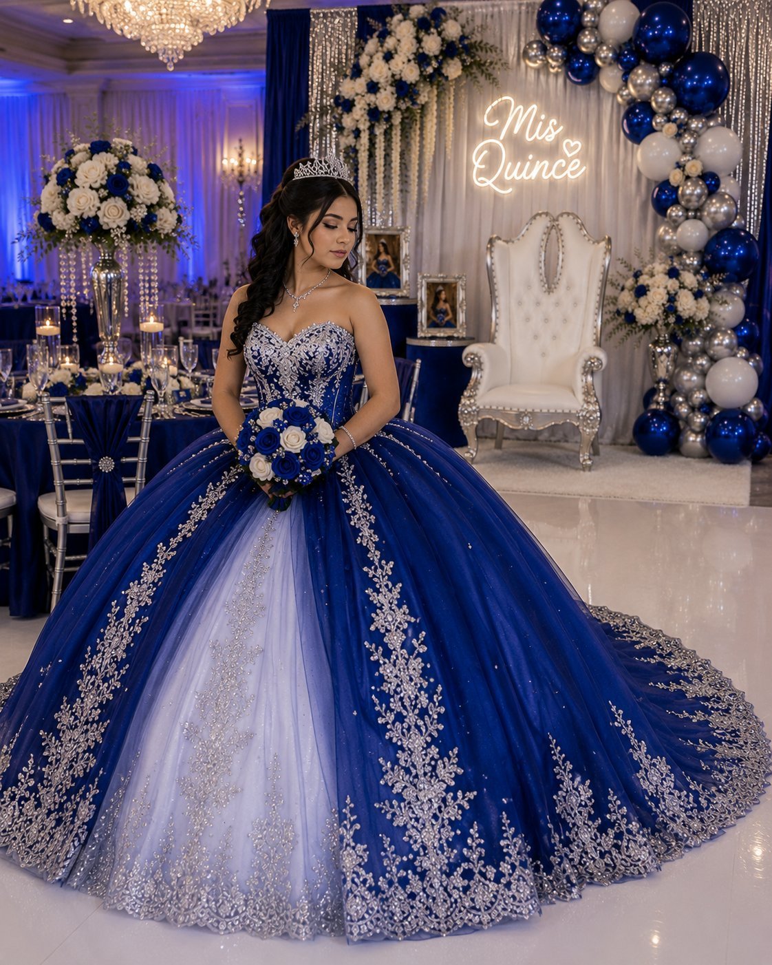 Young woman in an elegant blue and silver ball gown with beaded details at a quinceañera celebration with ornate decor