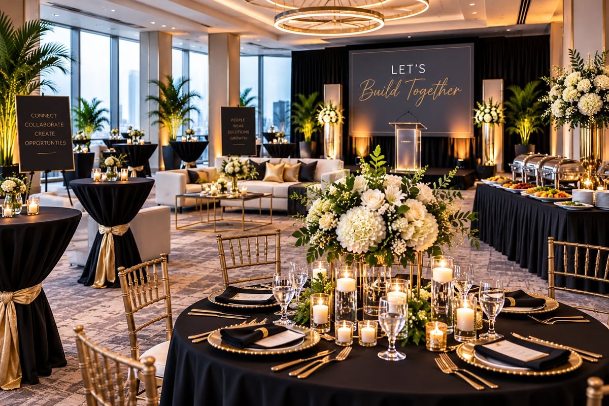 Corporate event venue with a branded stage backdrop and lectern, black and gold draped tables, white floral centerpieces and custom signage