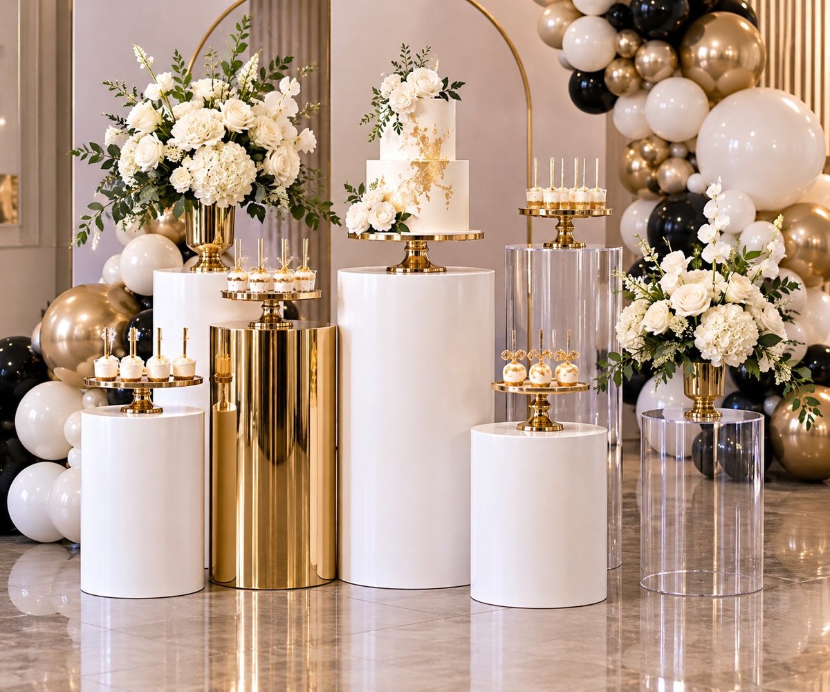 Elegant luxury event display with white cylindrical pedestals, gold accents, cream flowers and black and gold balloons on a marble floor
