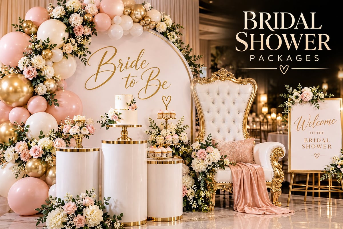 Elegant bridal shower setup with pink and gold balloon garland, a Bride to Be backdrop, white cylinder pedestals, cake display, welcome sign and a gold throne chair