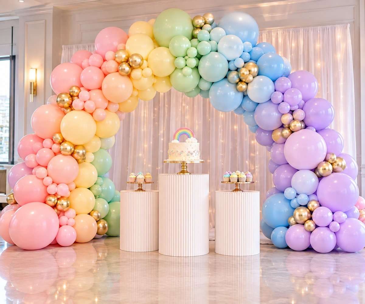 Rainbow balloon arch with gold accents framing three white cylindrical pedestals displaying items in an elegant event space