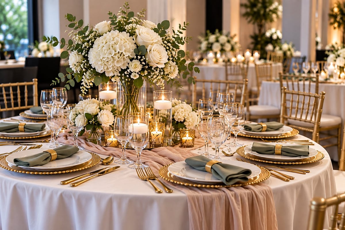 Elegant wedding reception table styled with white flowers, gold place settings and cream linens in a bright venue