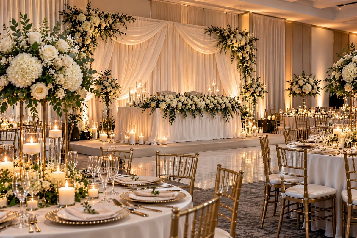 Elegant wedding reception hall with white floral arrangements, a draped backdrop, candlelit tables and gold chiavari chairs