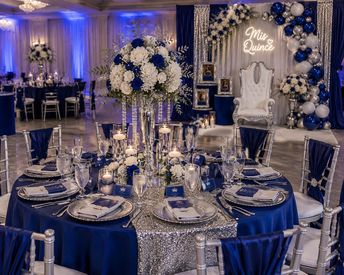 Bridal shower and wedding styling with navy blue tablecloths, tall white floral centerpiece and neon Mr and Mrs sign backdrop