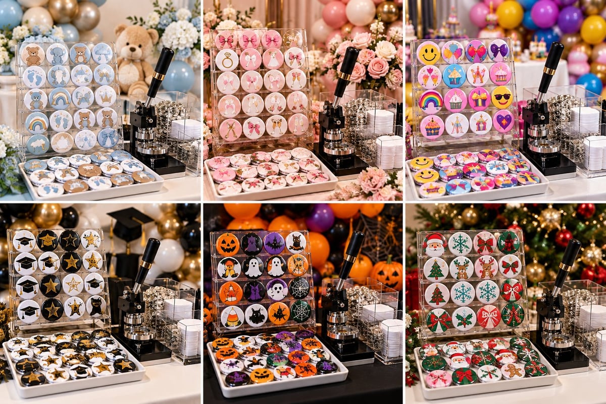 Six themed button bar displays showing prepared button designs — baby shower, bridal shower, birthday, graduation, Halloween and Christmas — each with a button press and finished buttons