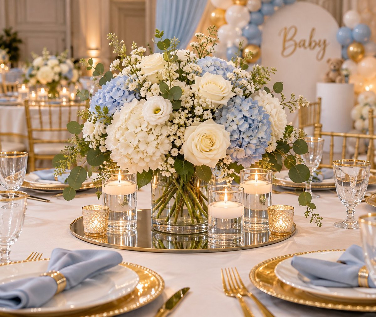 Elegant baby shower table setting with a white, blue and cream floral centerpiece in a glass vase, gold chargers, blue napkins and candles