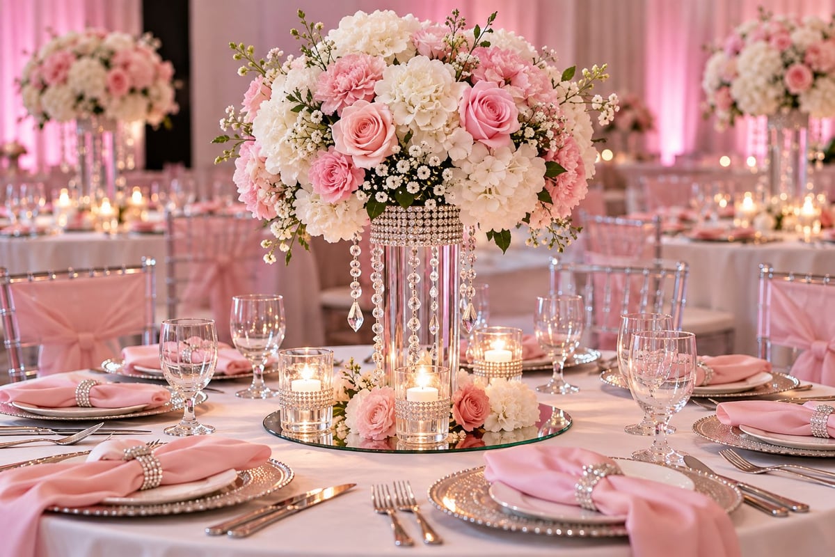 Elegant pink and white floral centerpiece on wedding reception table with place settings, candles, and crystal decorations