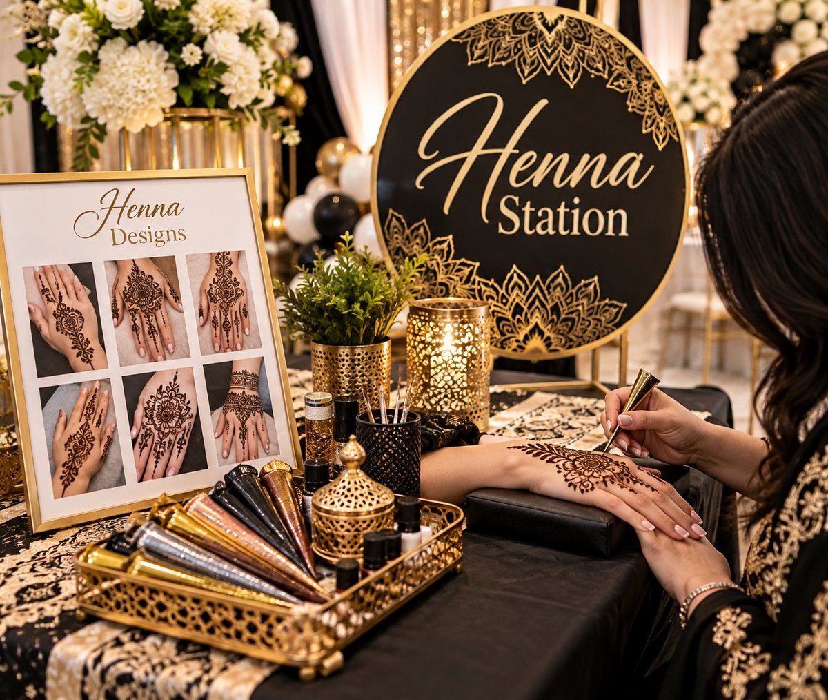 Artist applying a henna design to a guest's hand at a decorated henna station with gold and black styling
